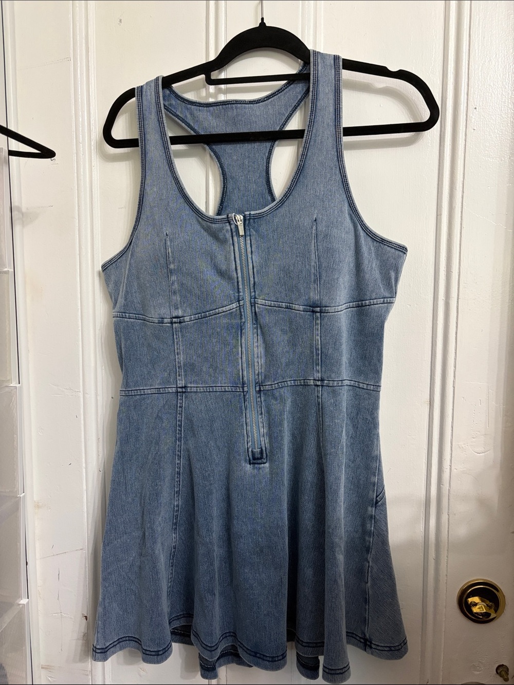 HALARA Light Blue Denim Zip-Front Racerback Mini Dress